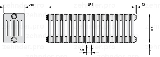 Схема (чертеж) Радиатор Zehnder Charleston 6030/19 №5410 Белый глянцевый RAL 9016